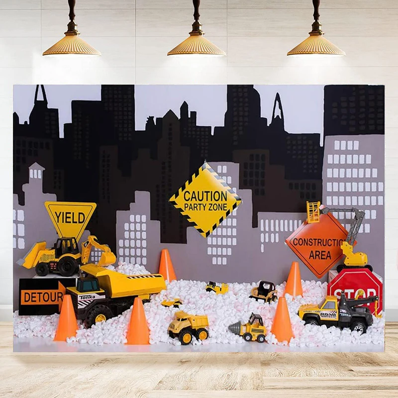 Construction Site Photography Backdrop Dump Truck Digger Crane Warning Bucket Warning Signs Birthday Background Decorate Banner