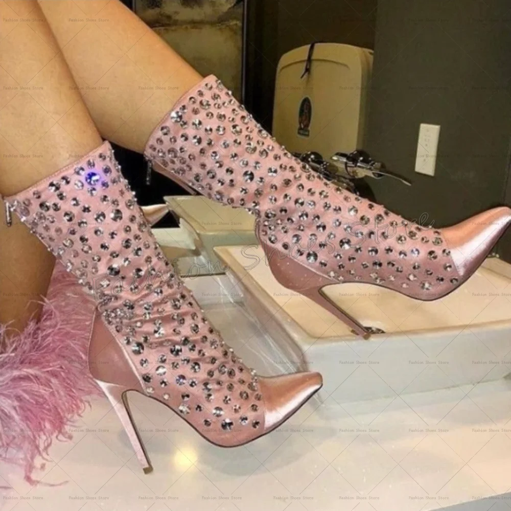 الوردي أشار تو عودة زيبر كريستال الأحذية الجلد المدبوغ رقيقة عالية الكعب أحذية عالية الكعب للنساء الكعوب 2025 جديد Zapatos Para Mujere