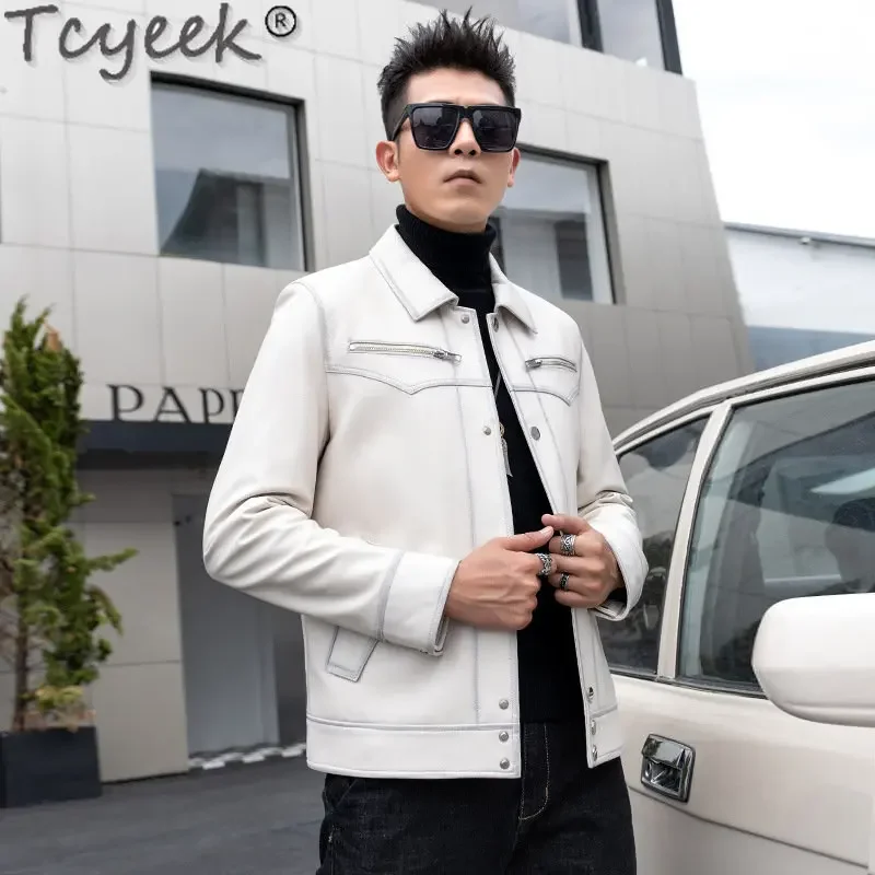 Tcyeek Spring Fall Genuine Leather Jacket Men Casual Short Sheepskin Coat Mens Clothing Fashion Handsome Motocycle Jackets White