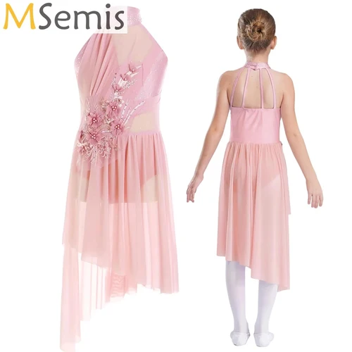 Vestido de baile de Ballet con apliques para niñas, leotardo con falda lírico, empalme de gasa alto-bajo, disfraz de actuación contemporánea moderna