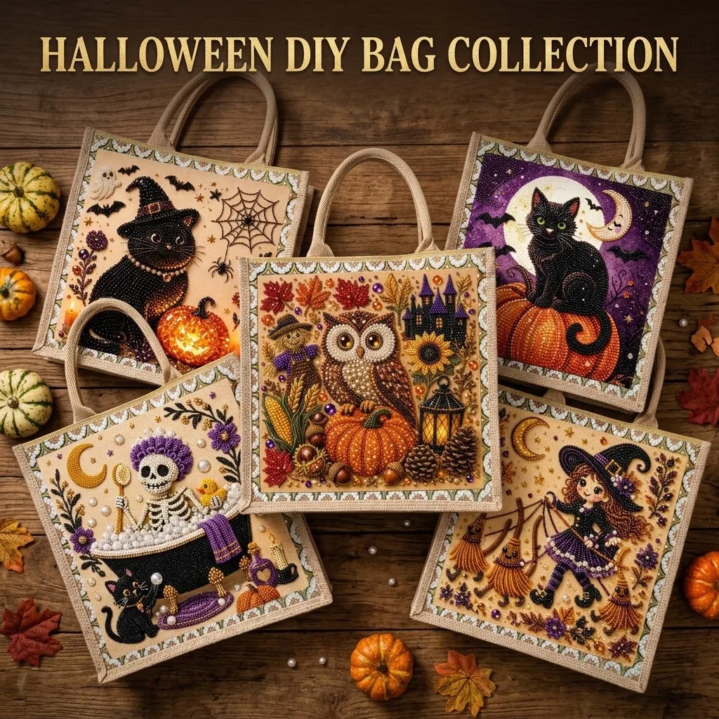 Shopping Bag DIY Diamond Painting Tote Bag Halloween Skull Pearl Rhinestone Linen Handbag Reusable Eco Grocery Bag Craft Kit