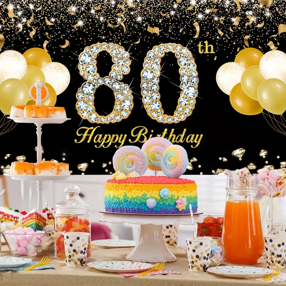 80th Birthday Party Backdrop Banner - Elegant Black & Gold Vinyl Signage for Birthday Celebrations, Festive Room Decor