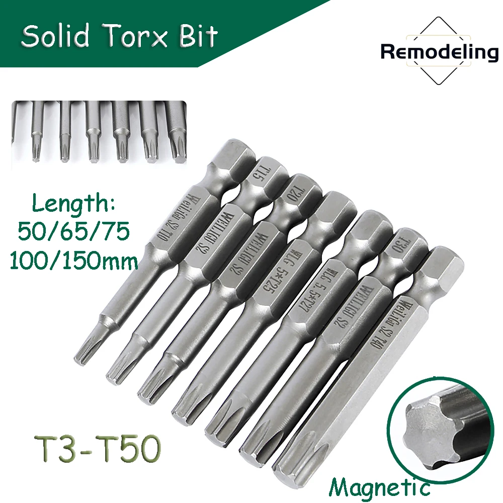 Torx Set mata bor obeng Solid magnetik, mata bor panjang 1/4 inci, pisau Hex S2 baja 50/65/75/100/150mm, T3-T50