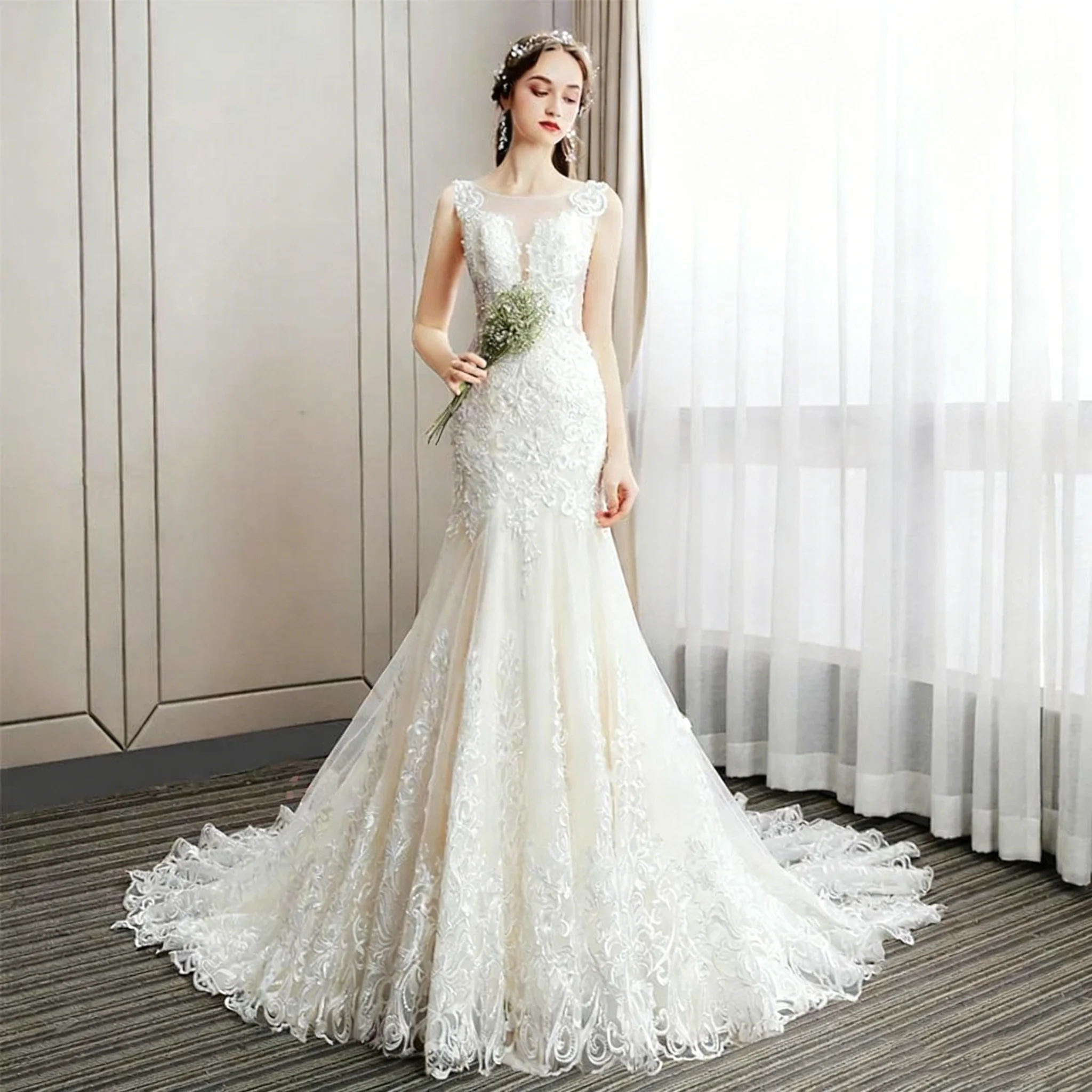 

Женские новые поступления на заказ 2026, круглый вырез, шнуровка сзади, без рукавов, с жемчугом и аппликацией, свадебные платья русалки, Robe De Mari ée Sirène