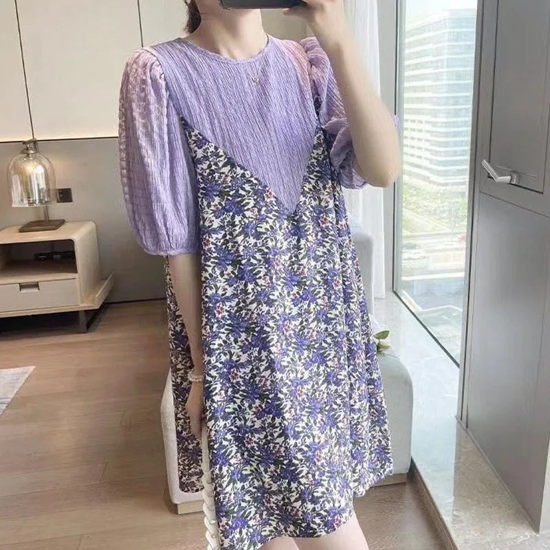 

Women's Casual Korean Fake Two Pieces Printed Dress Summer Loose Fashion Round Neck Patchwork Chiffon Dresses Female Clothing
