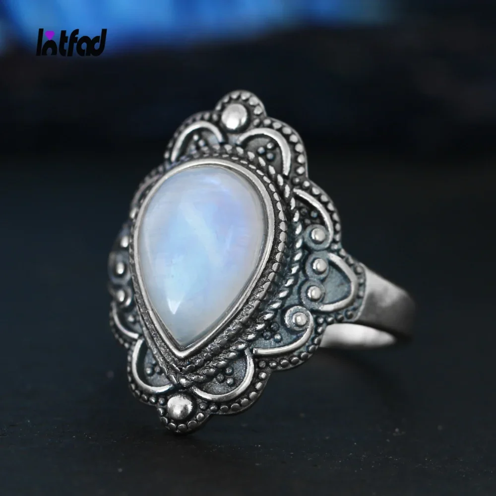 

Sterling Silver 925 Rings Water Drop Shaped Natural Moonstone Ring for Women Men Vintage Finger Ring Fine Jewelry Gift