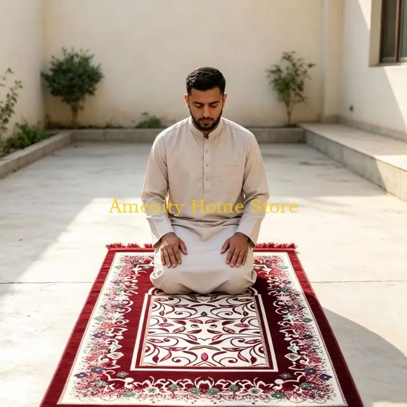 F26C Portable Prayer Mat For Family Travel With Prayer Beads and Storage bag Easy Cleaning Washable Foldable Prayer Rug Carpet