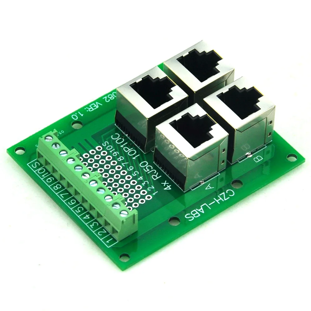 CZH-LABS RJ50 10P10C Jack 4-Way Buss Breakout Board, Terminal Block, Connector.