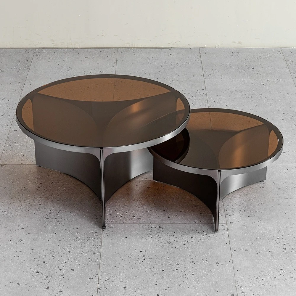 طاولة قهوة زجاجية مستديرة بنية إيطالية بسيطة، مجموعة طاولة شاي من الفولاذ المقاوم للصدأ قابلة للإزالة #2