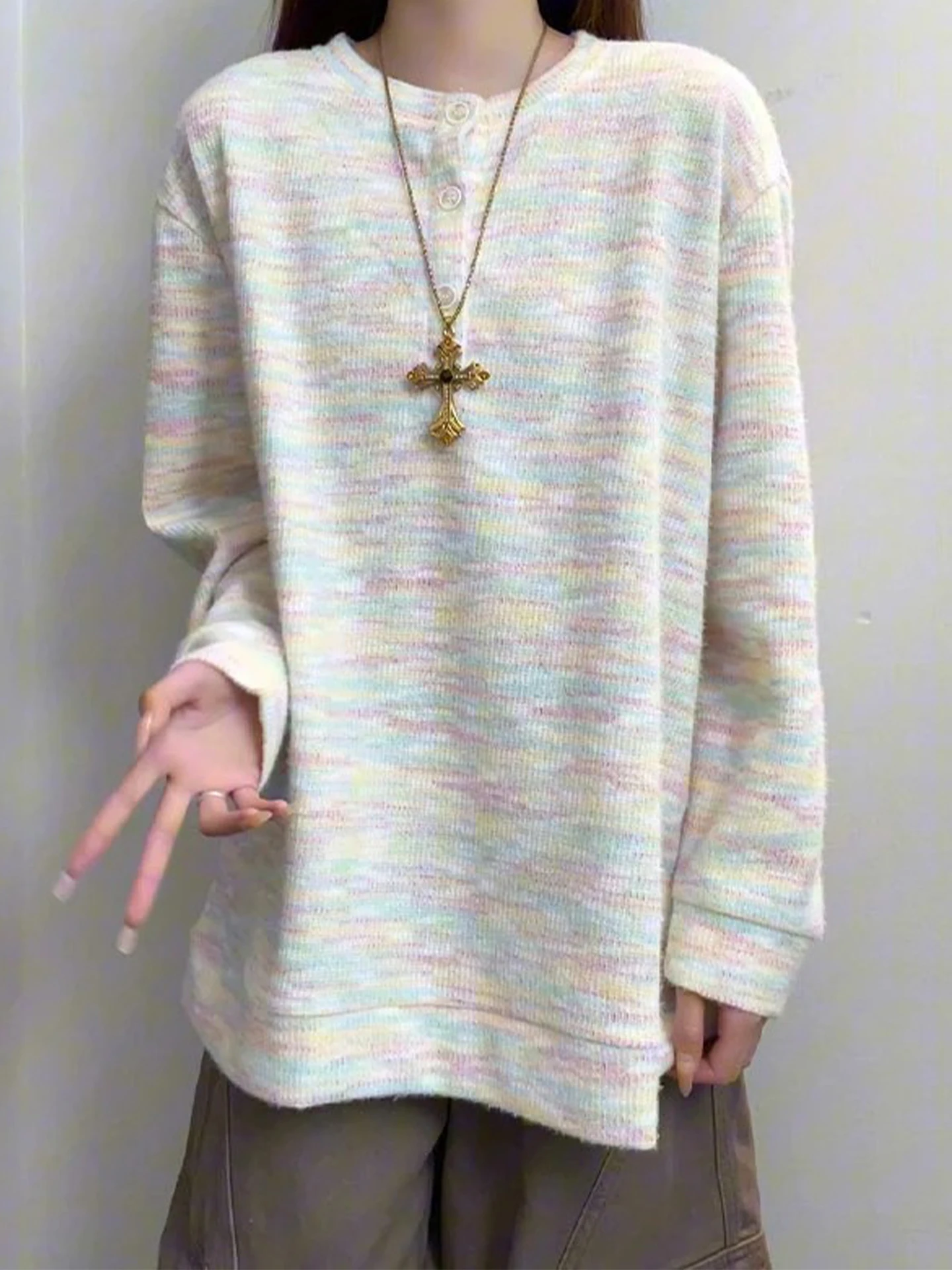 

Мужской вязаный свитшот Dopne Henry Collar с круглым вырезом, разноцветный, мягкий, с длинным рукавом, для весны и осени, в стиле Lazy Sle, с внутренней подкладкой.