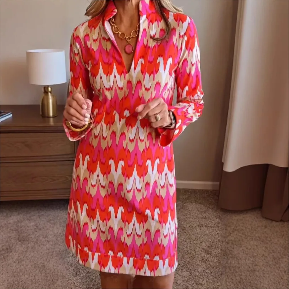 

Casual Dress Loose Comfortable Daily Contrasting Wave Pattern Print Holiday Style Woman Clothes Stand-up Collar Short Clothes
