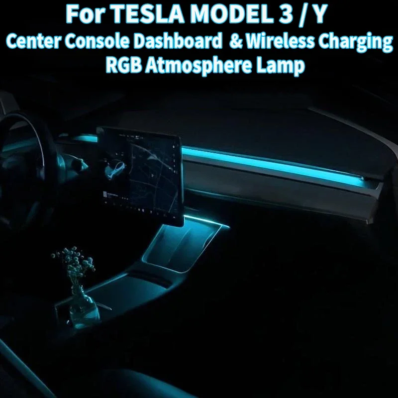 Center Console Dashboard Wireless Charging Light 2400 Colors RGB Neon LED Ambient Lamp Power APP Controller For Tesla Model 3 Y