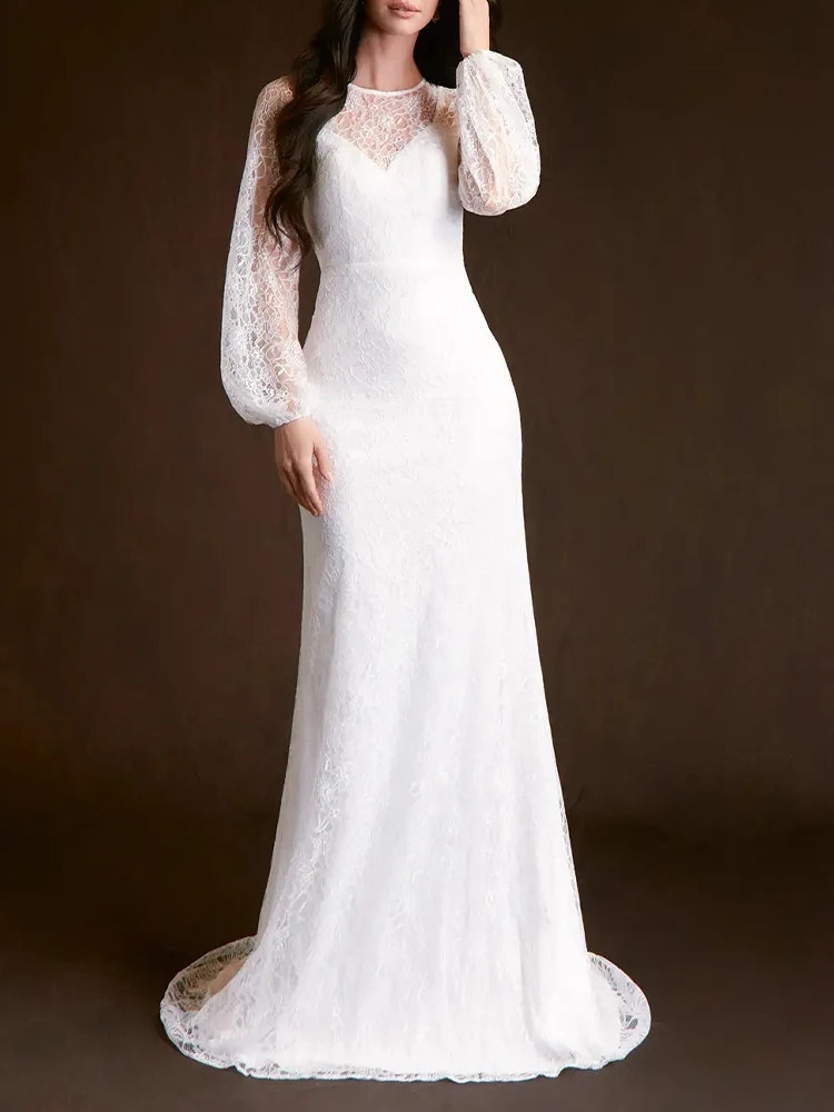 Women's round neck wedding dress long sleeve mermaid lace dress bride elegant and dignified guest evening dress long dress