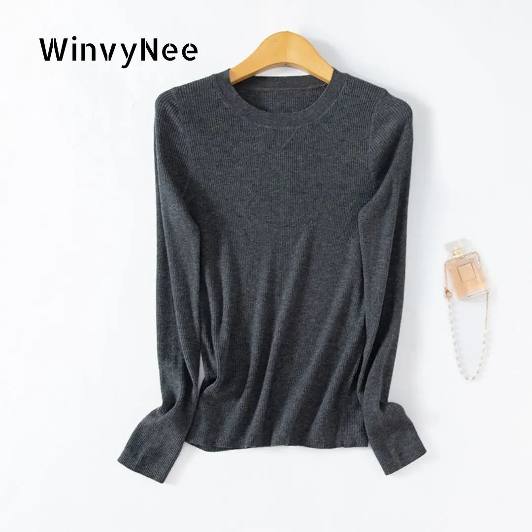 

WinvyNee Women Worsted Wool Small Crew Neck Long Sleeve Ribbed Slim Fit Spring Autumn Soft-touch Stretchy Pullovers A1757017A
