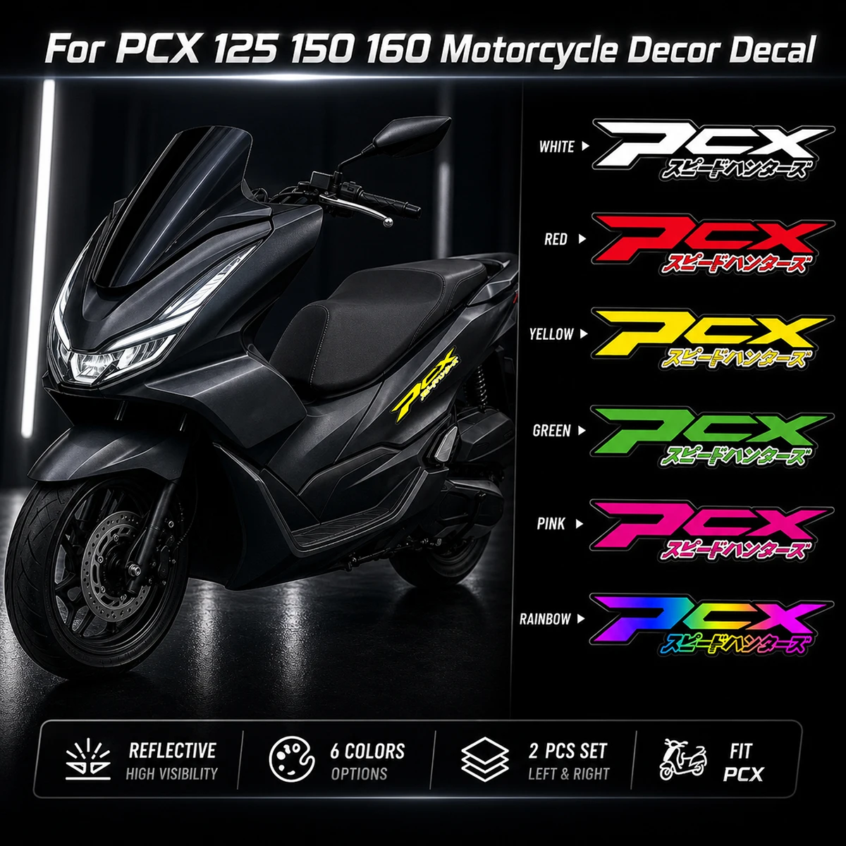 2 Stück reflektierende Motorrad-Aufkleber im JDM-Stil, Vinyl-Aufkleber für Motorroller, Zubehör für PCX 125 150 160 180 HYBRID e:HEV