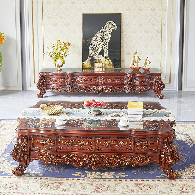 European style all solid wood tea table and TV cabinet combination living room luxury water-based paint new tea table