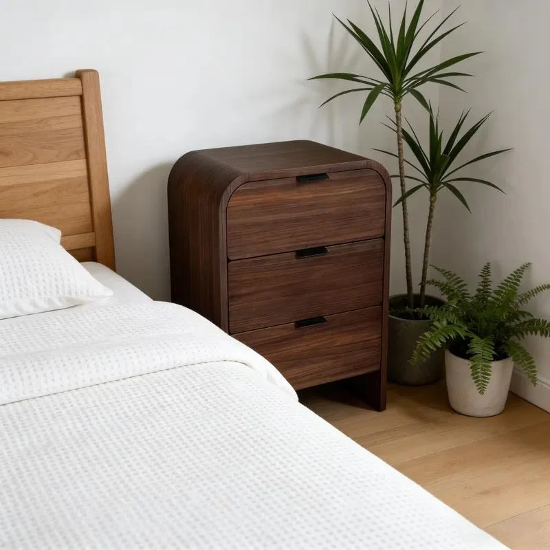 Luxury Walnut Finish Bedside Table with 3 Drawers Rounded Corner Wood Nightstand for Bedroom Home Hotel Villa Furniture