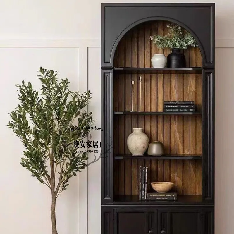 

American country classical solid wood arched bookcase French retro black oak display porch display