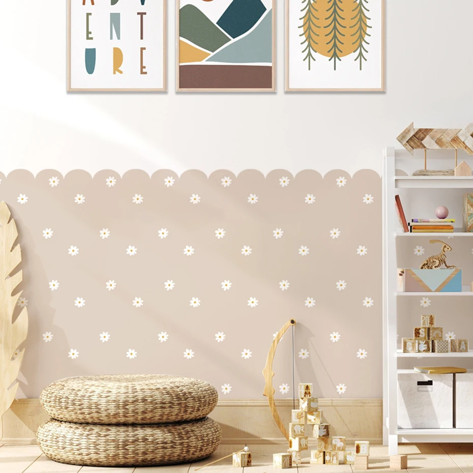 Boho Flower Daisy Scalloped Wallpaper Nursery Child Wall Art Kids Room Girls Bedroom Home Decor Waterproof Peel and Stick