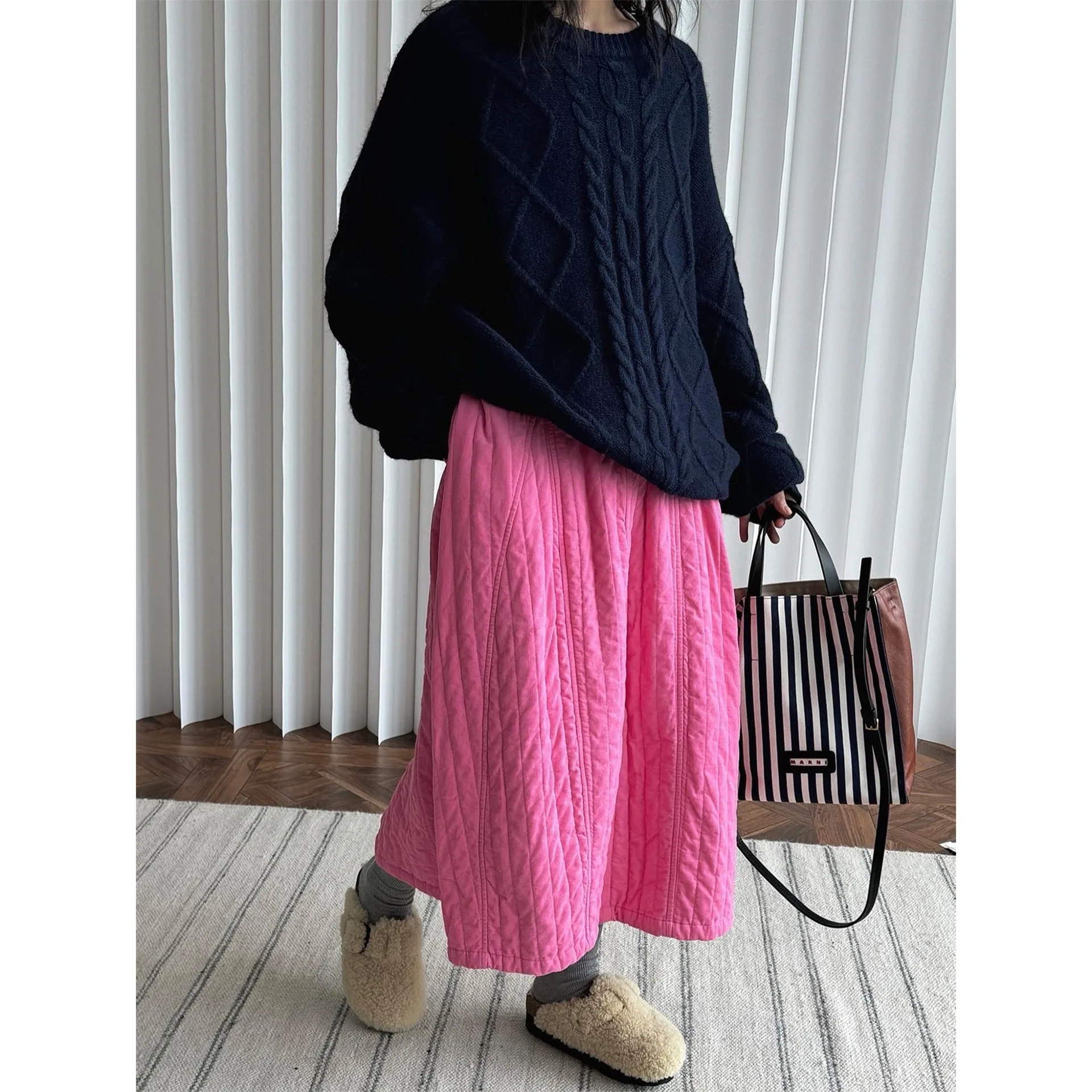 2024 Women Winter 100% Cotton Long Skirts Stretch High Waist Women A-Line Warm Skirts Faldas Femme Streetwear