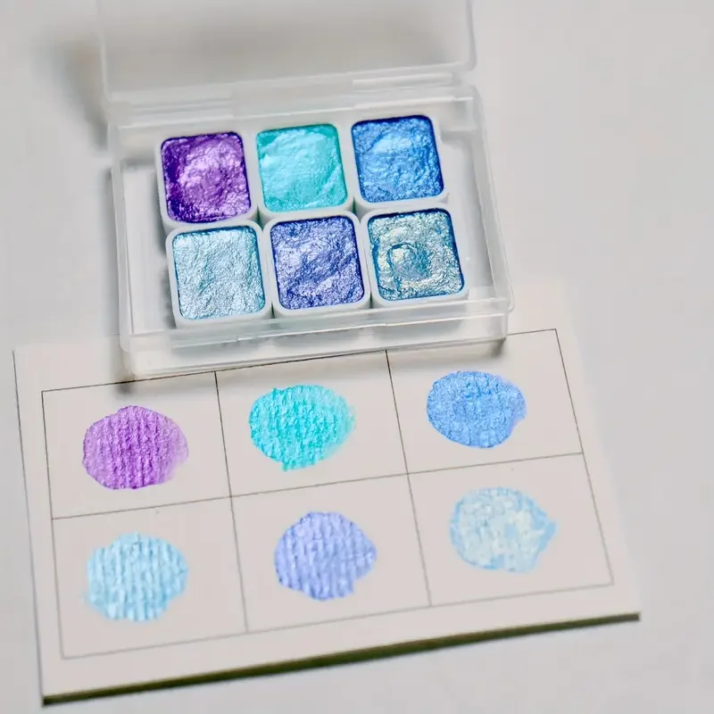 Bview Art Juego de acuarelas con perlas metálicas de 6 colores: pigmentos brillantes vibrantes, pintura artística portátil para viajes con purpurina