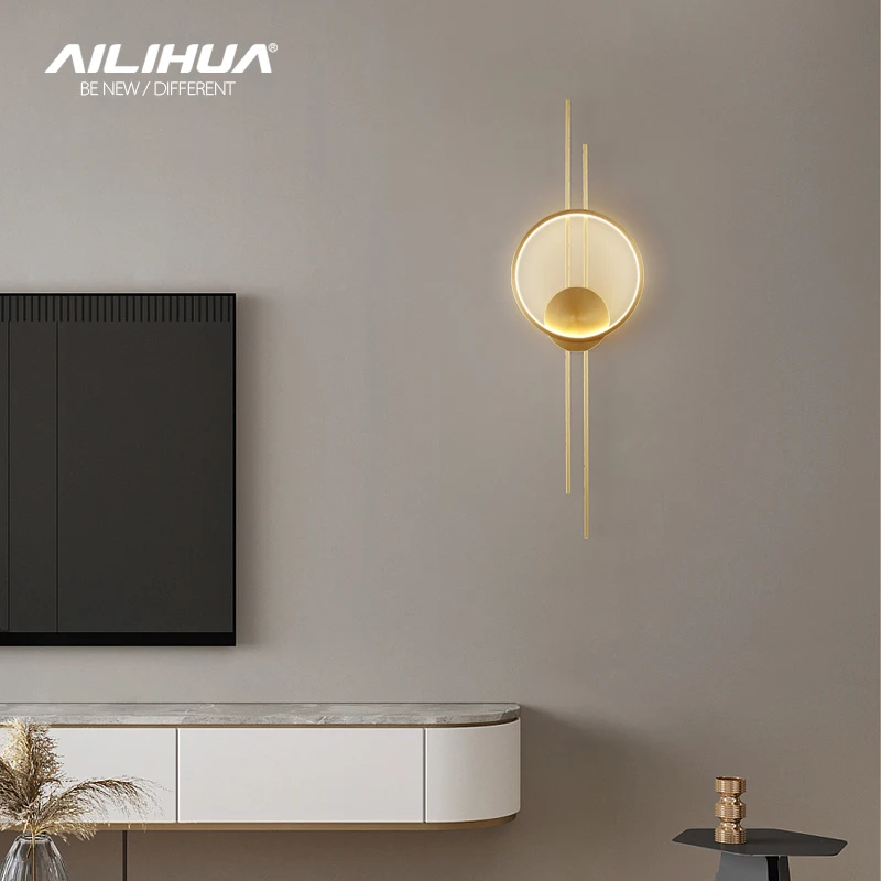 Light luxury wall lamp all copper living room TV background wall light modern simple long strip grille light minimalist corridor