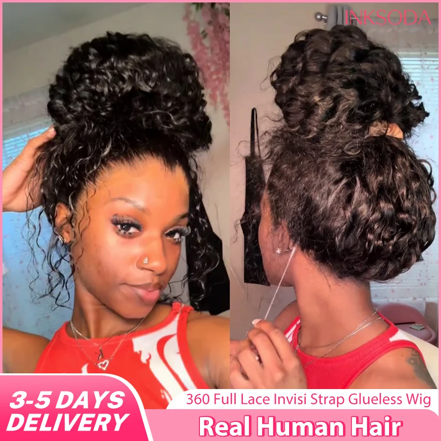 

Парик из натуральных волос Deep Wave 360 HD Lace Frontal с невидимой застежкой, предварительно выщипанный, без клея, полностью кружевной, кудрявый, с регулируемым шнурком для женщин