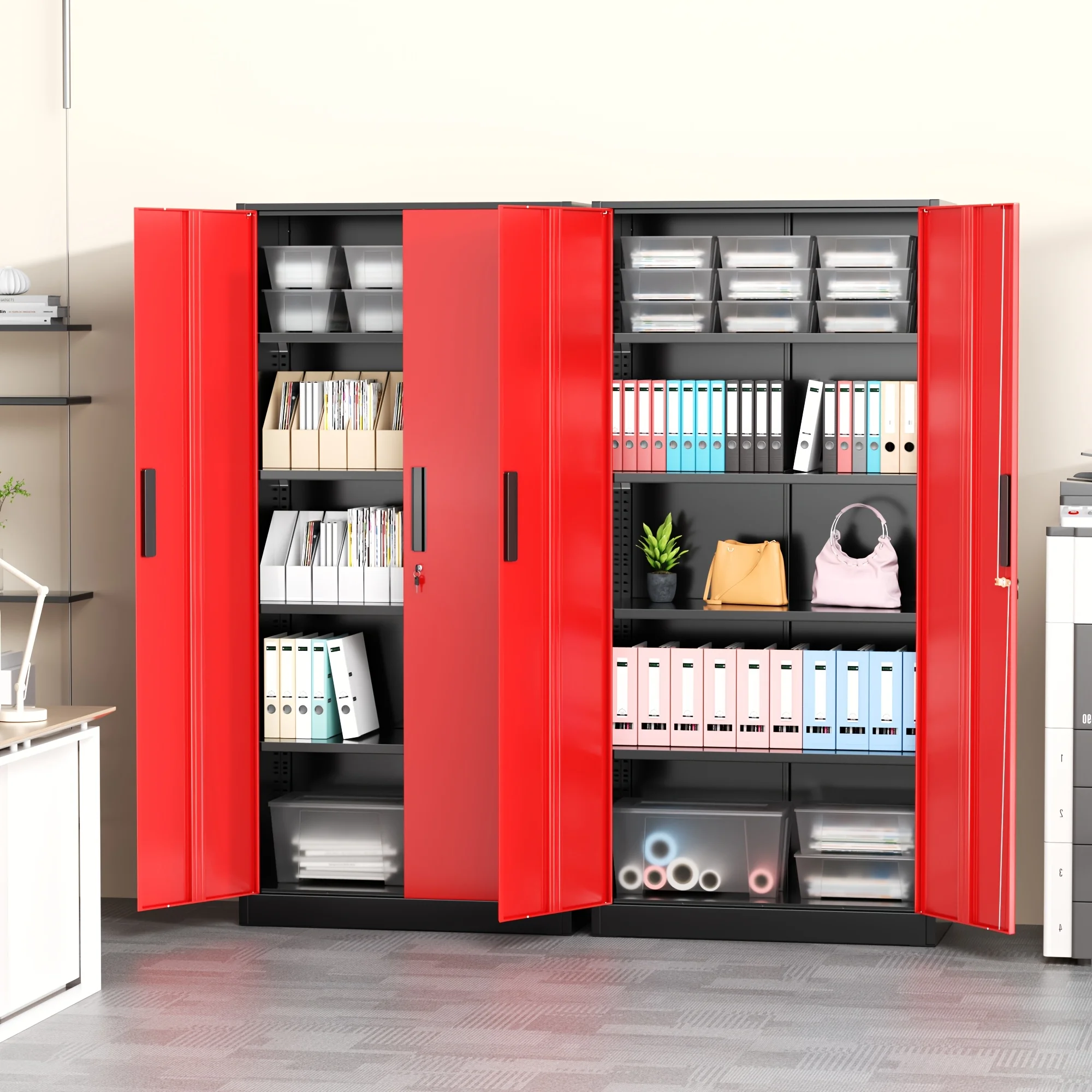 Metal Garage Storage Cabinet, Steel Floor Mount with 2 Doors, 4 Adjustable Shelves, Locking, Painted Finish, Assembly Required