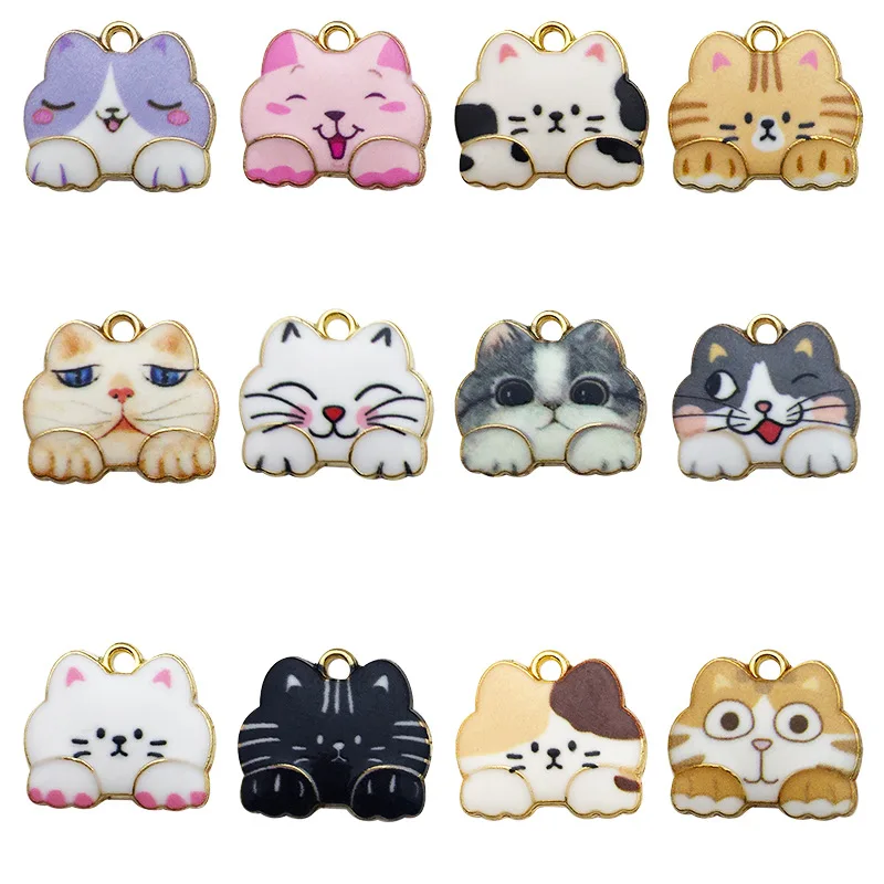 10Pcs Metal Charms Kawaii Cat Animal Enamel Pendants for DIY Making Bracelets Necklace Earrings Jewelry Findings 18x16mm