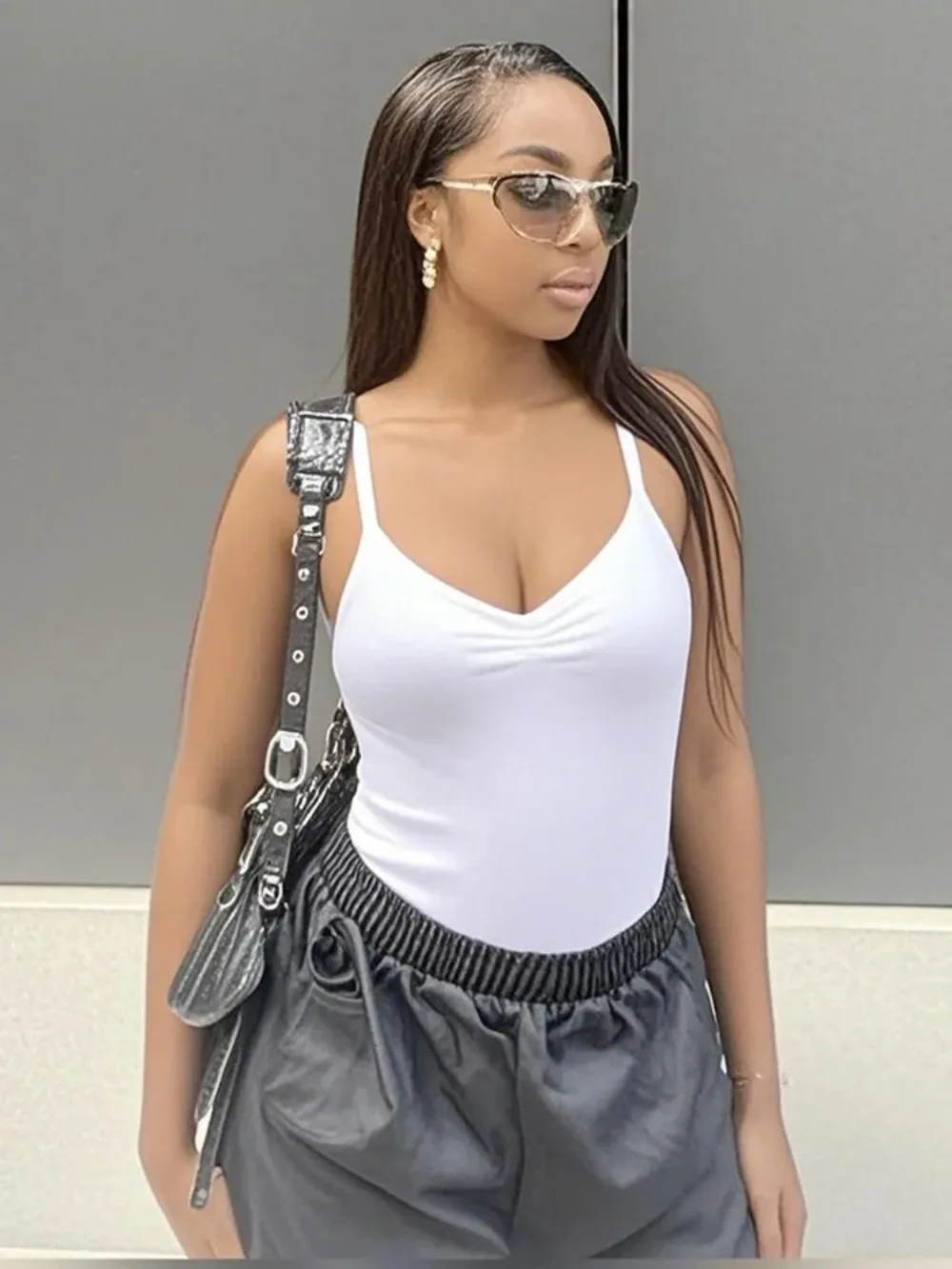 

Sleeveless Skinny Shirring Sexy Spaghetti Strap Bodysuit For Women Black Solid Simple Basic Vacation Camisole