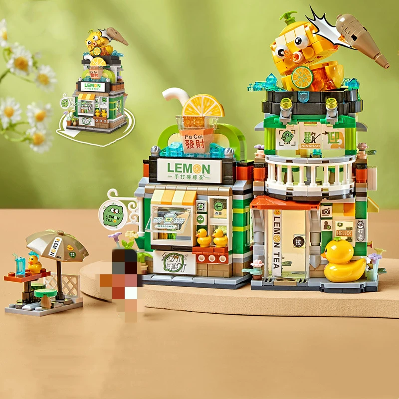 City street view building blocks lemon tea snack snail noodle shop model assembled educational toys children's birthday gift