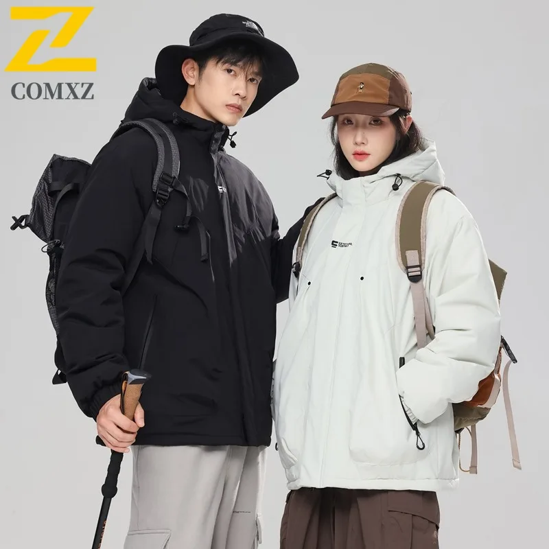 

COMXZ 2025 Mens Womens Winter Mountain Waterproof Hooded Puffer Jacket Korean-Style Outdoor Sports Workwear Warm Tactics Coat