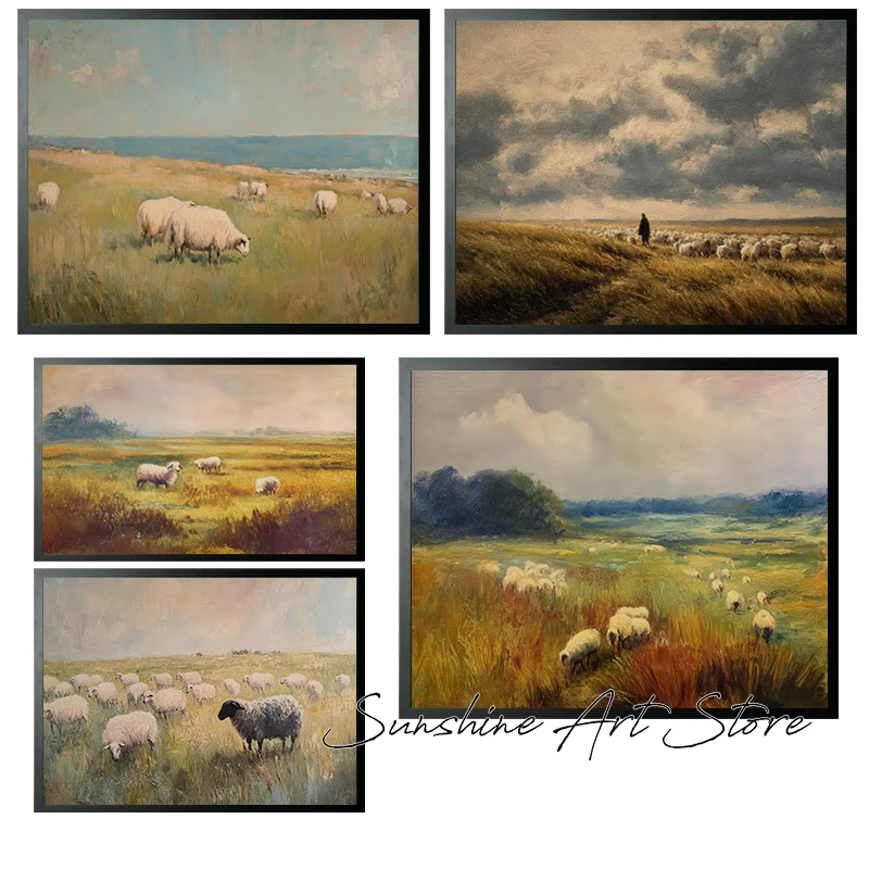 Sheep Grazing Neutral Landscape Painting Shepherd and Sheep in Field Modern Artwork Poster Canvas Painting Wall Pictures Decor