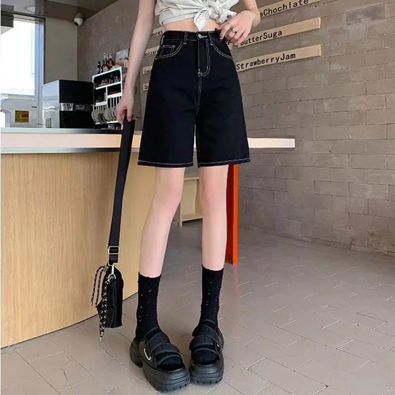 

Summer High Street Lady Slim Fit Jeans Girls High Waist A-line Straight Leg Pants Women Fashion Solid Color Denim Shorts