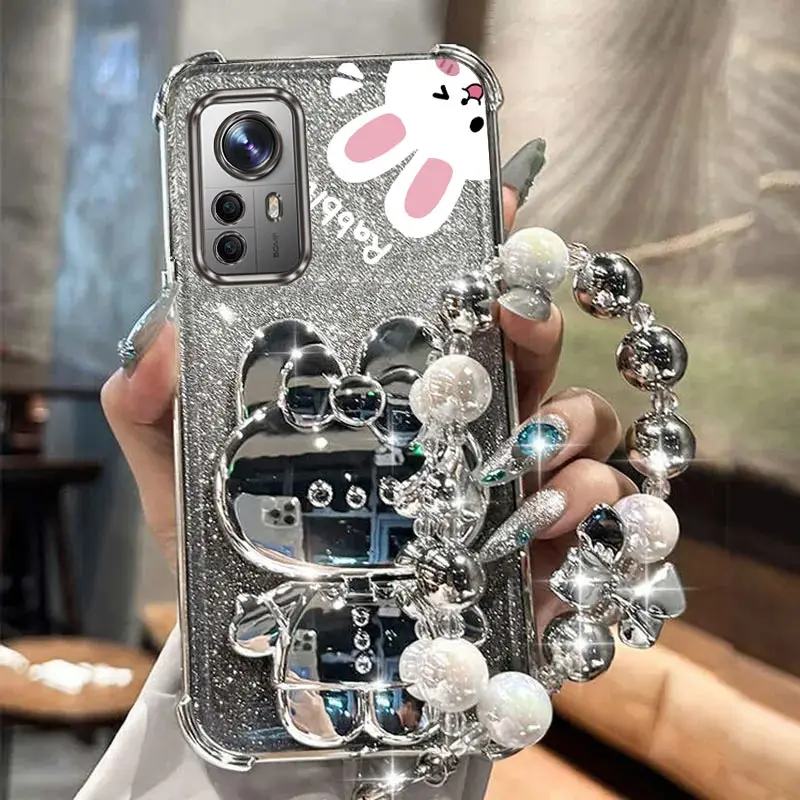 Airbag Glitter Mirror Rabbit Phone Holder Case On For Xiaomi Mi 11 11i 11T 12 12T Pro Lite 4G 5G Anti-knock Stand Back Cover