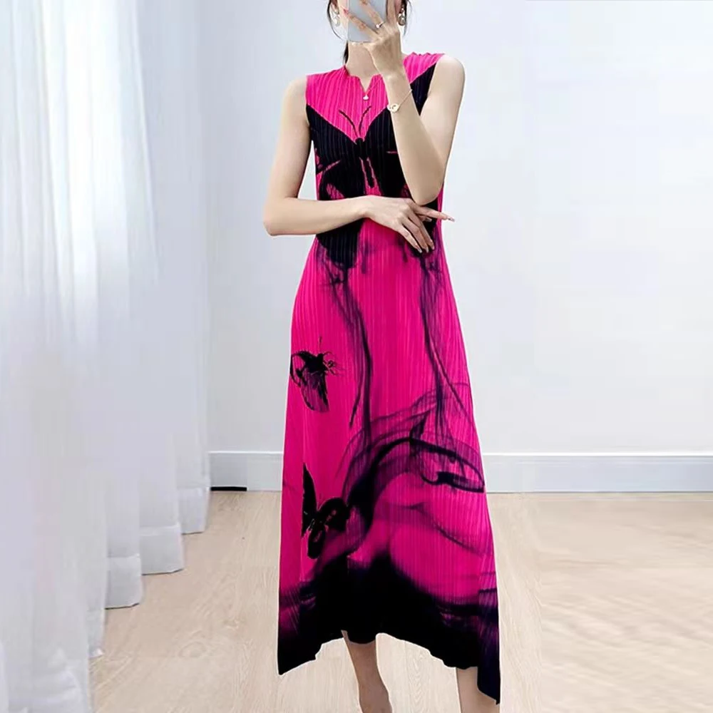 

Skirt women's 2025 summer new high-end pleated butterfly print thin sleeveless dress vestido feminino