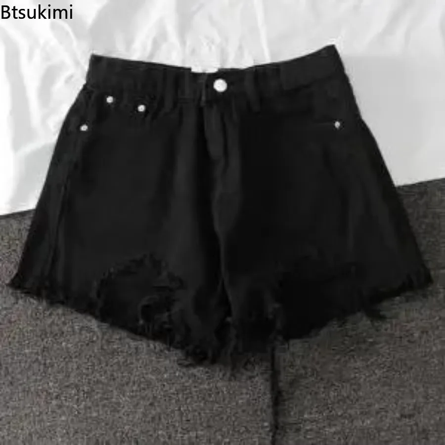 New 2025 Women's Summer Denim Shorts Solid High Waist Ripped Wide-Legged Super Short Shorts Loose Burrs A- Line Hot Pants Thin