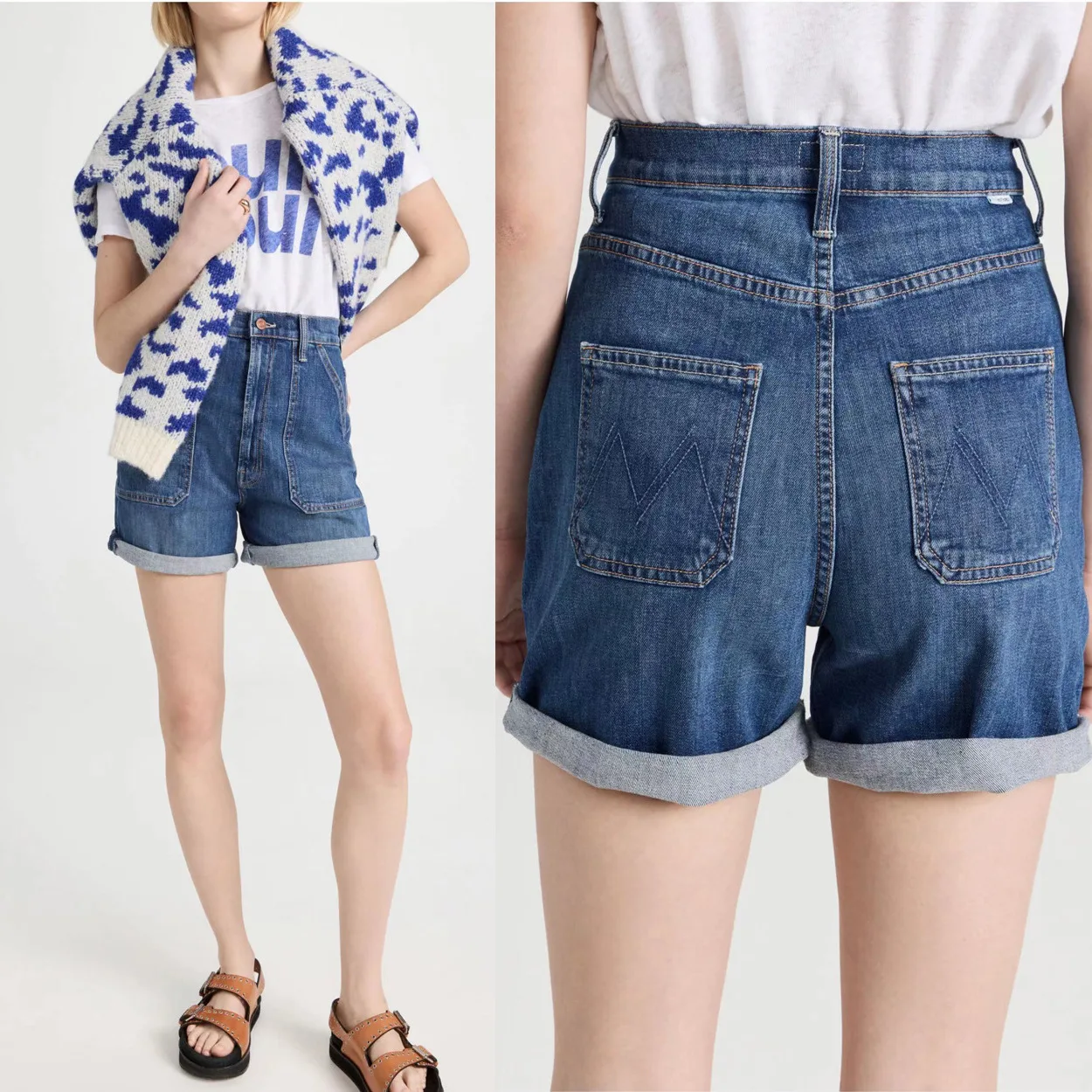 

Denim Shorts For Women 2024 New Spring/Summer High Waist Deep Blue Patch Pocket Design A-Line Three-Quarter Length Runway Style