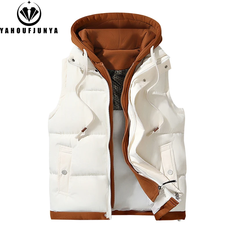 Hots-Chaleco grueso sin mangas con capucha para hombre, chaleco cálido a prueba de viento para exteriores, chaleco informal con cremallera, marca de