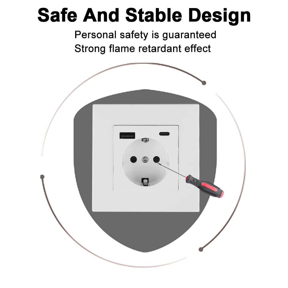 EU Standard Germany Plug Socket PC Panel Power Outlets 16A With Usb Type-C Charging Port Electrical Wall Charger Adapter