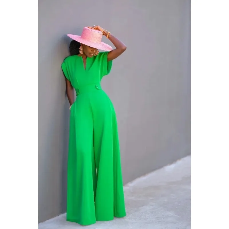 

Tinaa Зеленый женский длинный комбинезон 2025 с карманами и широкими штанинами, боди с v-образным вырезом и летающими рукавами, цельный комбинезон, женская одежда 112913