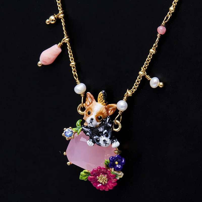 Cute Sweet Colorful Glaze Pet Chihuahua Puppy Fuchsia Flower Freshwater Pearl Dangles Pink Stones Pendant Necklace Collarbone