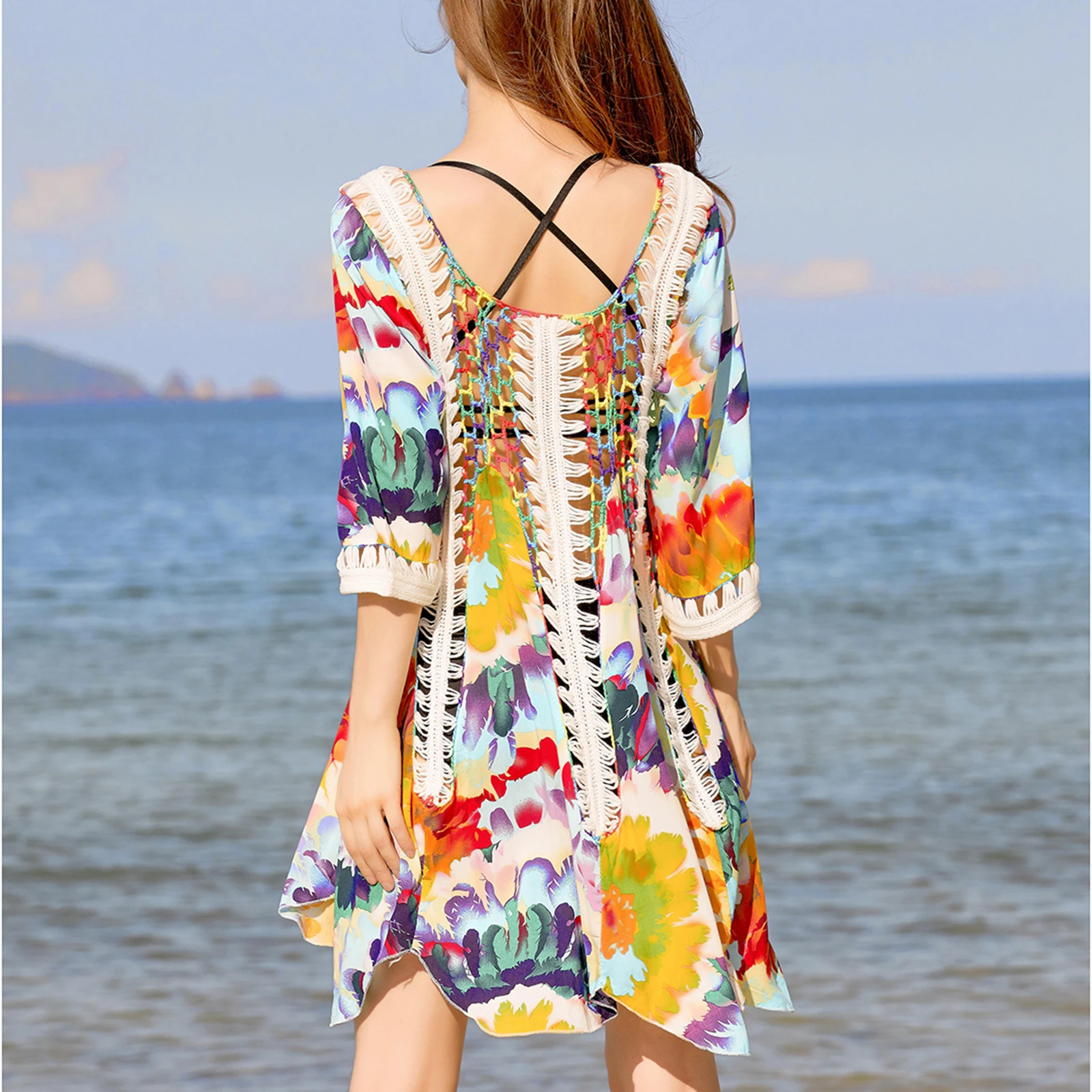 Women Beach Cover Up Colorful Print Hollow-Out Summer Swimsuit Coverup Crochet Bathing Suit Cover Ups Dresses