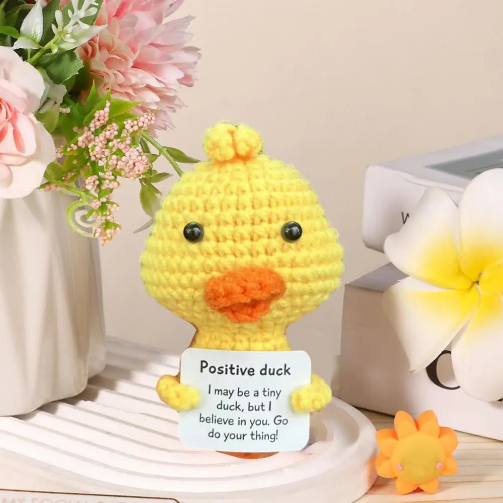 Positive Crochet Yellow Duck Doll with Encouraging Card Emotional Support Handmade Knitting Animal Decoration Ornament Kids Adul