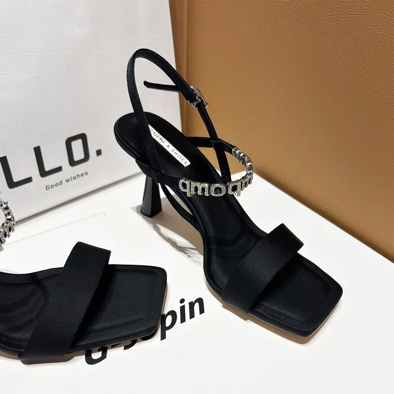 Square Toe Thin Heeled Sandals Women Summer 2024 Fashion Rhinestone Letter Design Pumps Women Cross Strap Black High Heels