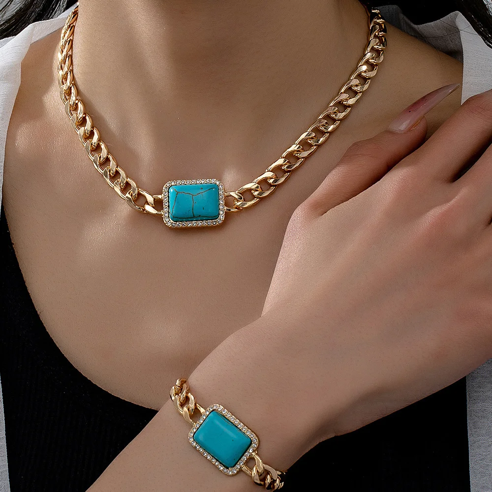 Jewelry Set For Women Geometric Square Turquoise Temperament Necklace Bracelet Holiday Party Gift Fashion Accessories CS022