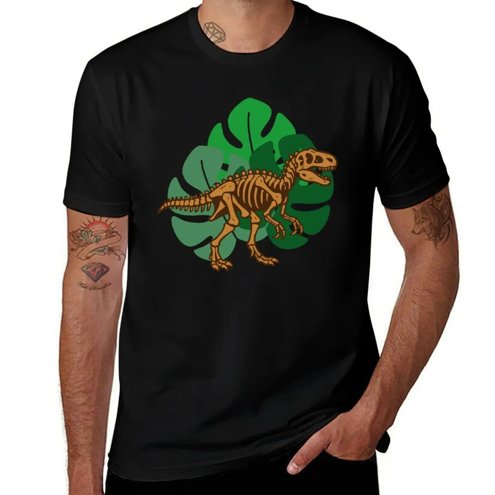 

Dinosaur fossil skeleton and tropical forest monstera leaves T-Shirt T-shirts oversize anime stuff T-shirt men