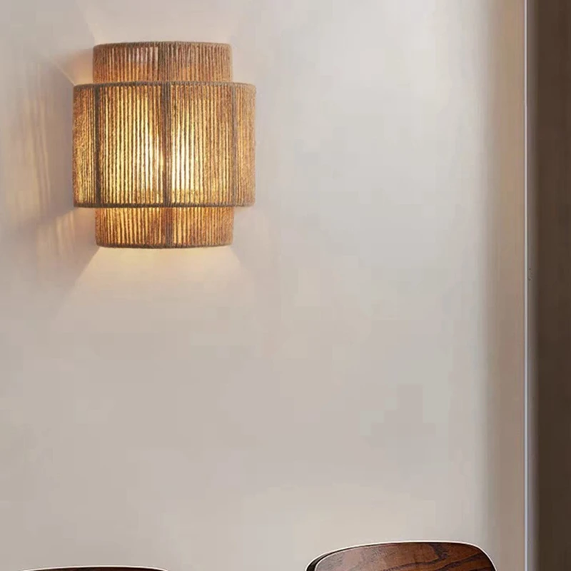 Japanese Wabi-Sabi Retro Rattan Weaving Wall Lamp LED Wall Sconces Living With E27 Bulb Room Bedroom Bedside Corridor