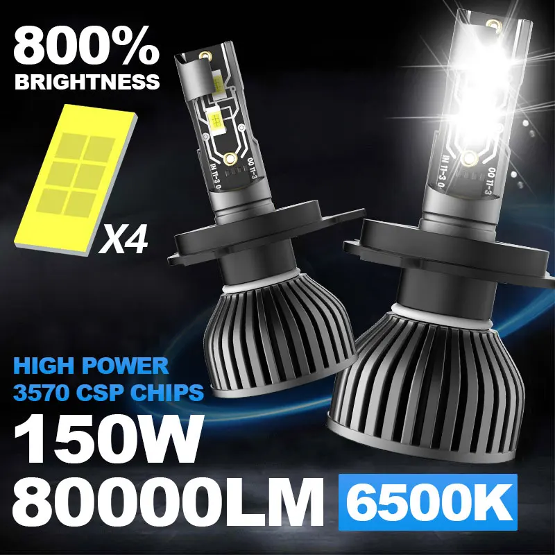 H7 H4 H1 H11 Led Headlights Bulbs Canbus 80000Lm 6500K 150W H8 H9 9003 Hb2 H18 Plug&Play Car Led Lights Auto Fog Lamp 12V