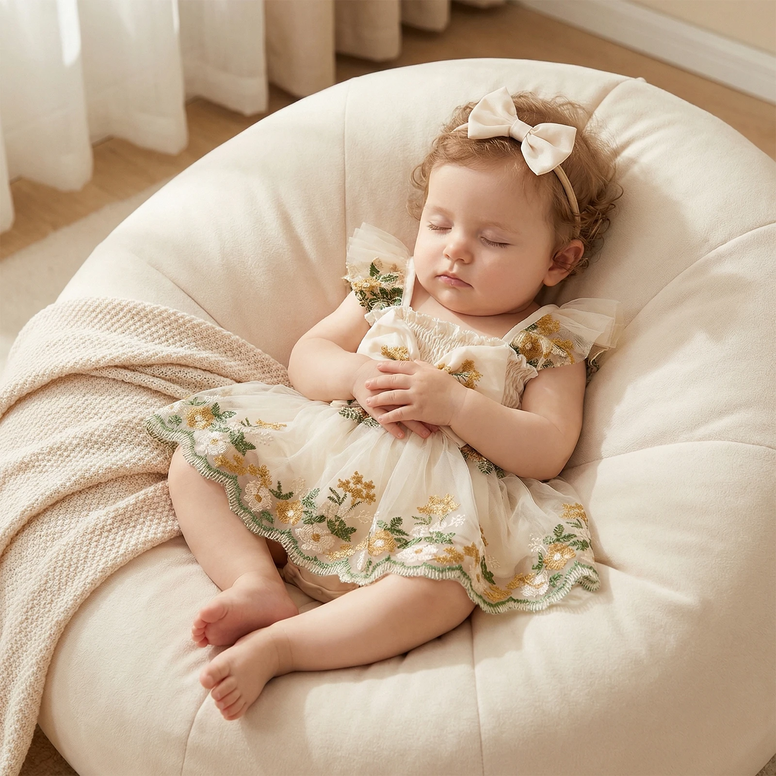 Baby Girls Mesh Romper Dress Casual Floral Embroidery Smocked Bow Flutter Sleeves Jumpsuit Bodysuits Headband Set